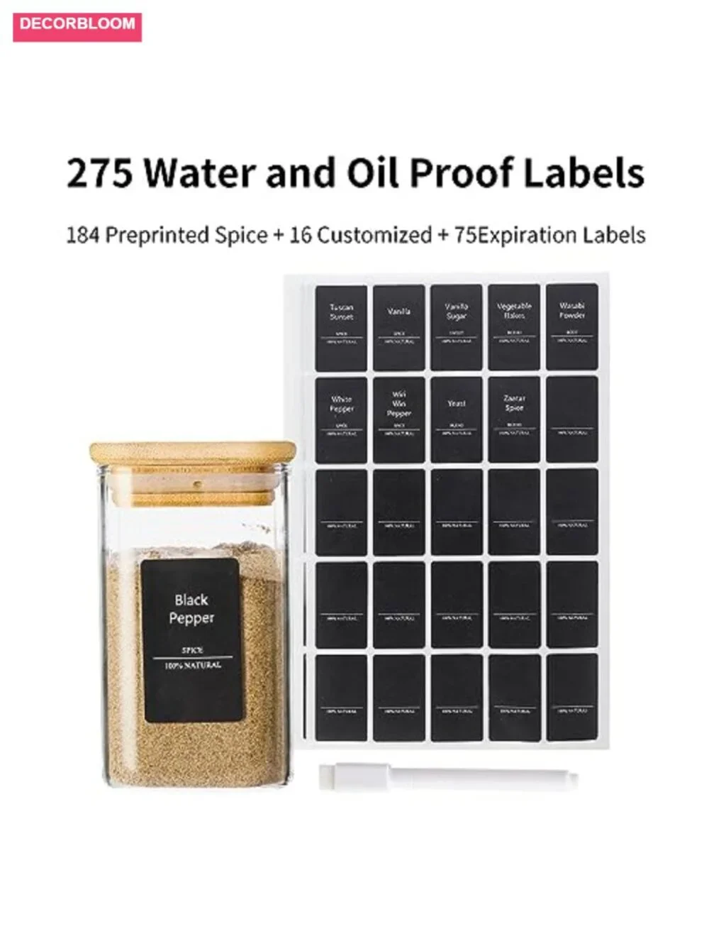 16 Pc 9oz Glass Spice Jars with Bamboo Lids & 275 Labels, Airtight Seasoning